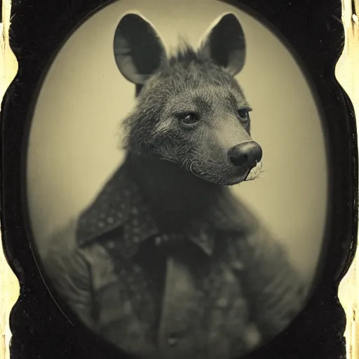 Image similar to professional studio photo portrait of anthro anthropomorphic spotted hyena head animal person fursona wearing clothes by Louis Daguerre daguerreotype