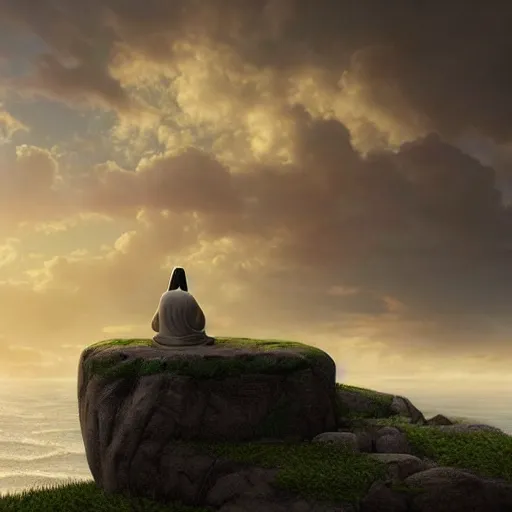 Prompt: a stunning 3 d render of jesus of nazareth meditating on a cliff with buddah and fredrick nietzsche, facing away from the camera watching the sunrise over the ocean, turbulent ocean in the background, sunrise, intricate, elegant, highly detailed, artstation, ultra sharp focus, octane render, volumetric lighting, art by greg rutkowski and rembrandt