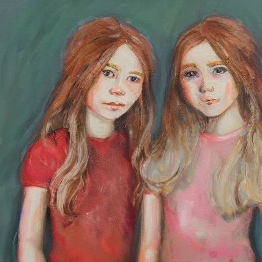 Image similar to a messy painting of twin sisters. Wendy and Susannah Melvin.Trending on ArtStation