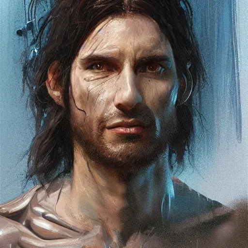 Image similar to Portrait of a man by Greg Rutkowski, he is about 30 years old, messy long black hair, tired appearance, roman nose, he has become some sort of biomechanical transhuman god with eyes that glow electric blue, peaceful but sad expression, highly detailed portrait, digital painting, artstation, concept art, smooth, sharp foccus ilustration, Artstation HQ.