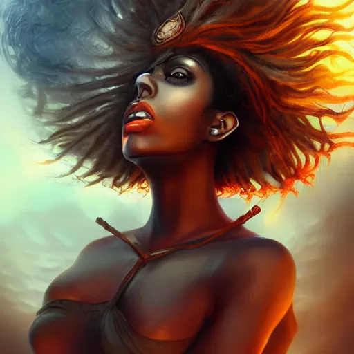 Prompt: a colossal goddess, creative, brown skin, giant, digital art, in the city, in town, high quality, high angle, photo manipulation, down there, fire hair, digital painting, smoke, artstation, vibrant colors