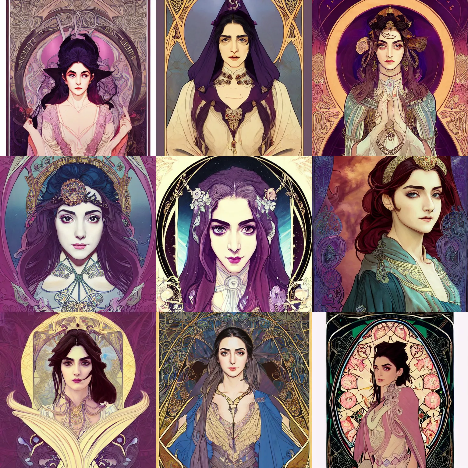 Prompt: masterpiece head-on symmetrical centered bust-view portrait, Maya Ali as D&D sorcerer, Art Nouveau style, wizard robe, fantasy, delicate, elegant, tarot card background, in the style of ROSSDRAWS and Jesper Ejsing and Ruan Jia and Ross Tran and Alphonse Mucha and Ayami Kojima and Charlie Bowater and Karol Bak and Jean Delville, rich bright colours