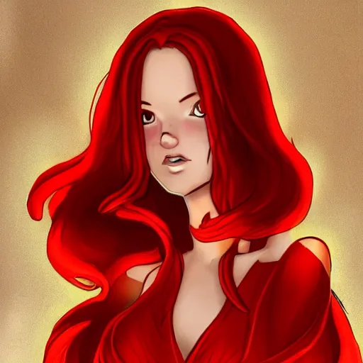 Prompt: a goddess with red hair and red dress with a fire aura, trending on artstation