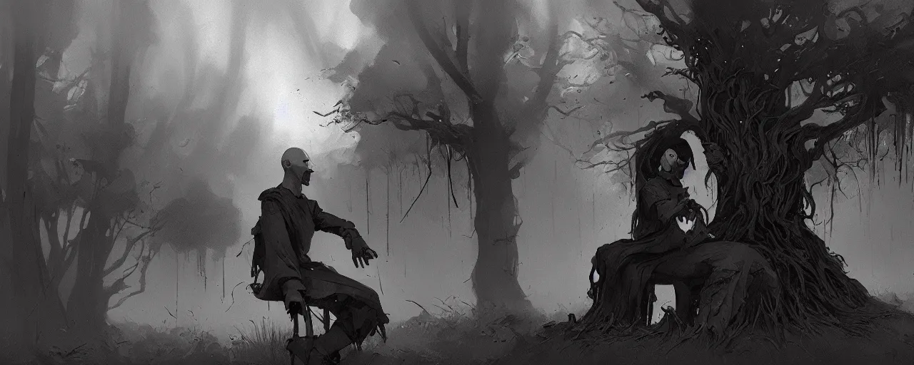 Image similar to duotone noir illustration close up of bald merchant demon sitting below willow tree in medieval brown tunic. foggy evening. dark dream atmosphere with volumetric hellish lighting, by sachin teng and sergey kolesov and ruan jia and heng z. graffiti art, scifi, fantasy, hyper detailed. octane render. concept art. trending on artstation