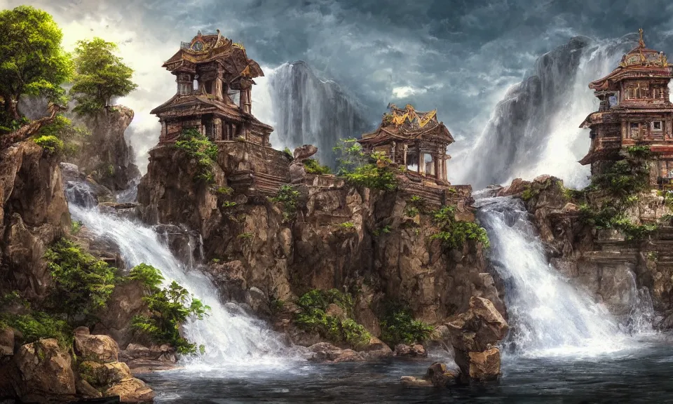 Image similar to ancient temple on top of a waterfall, digital art, concept art, fantasy art, highly detailed, hd wallpaper, hdr, artstation, deviantart, behance