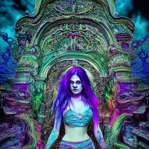 Image similar to psychadelic witch, hyper detailed, flowing psychadelic background intricate and detailed, ornate 8 k gorgeous intricate detailed, octane render