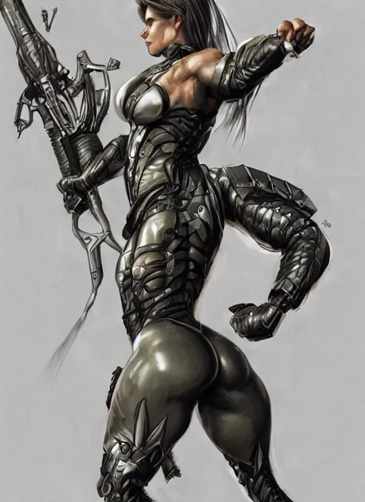 Image similar to very muscled Amazon jetstream sam from metal gear rising as a ruggedly mean looking heroine, intricate, elegant, highly detailed, centered, digital painting, artstation, concept art, smooth, sharp focus, illustration, art by artgerm and donato giancola and Joseph Christian Leyendecker, WLOP