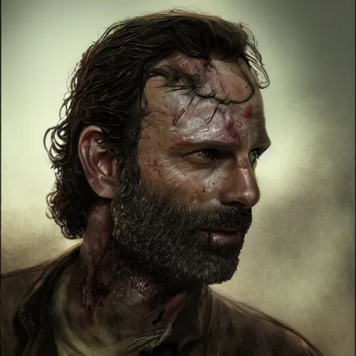 Prompt: rick grimes, the walking dead, zombie, head and shoulders shot, fantasy, medieval, vivid colors, elegant, concept art, sharp focus, digital art, Hyper-realistic, 4K, Unreal Engine, Highly Detailed, HD, Dramatic Lighting by Brom, trending on Artstation