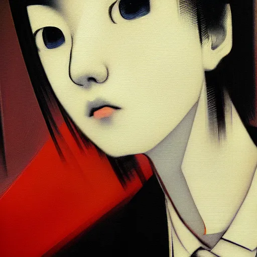 Image similar to yoshitaka amano blurred and dreamy realistic three quarter angle portrait of a young woman with short hair and black eyes wearing office suit with tie, junji ito abstract patterns in the background, satoshi kon anime, noisy film grain effect, highly detailed, renaissance oil painting, weird portrait angle, blurred lost edges