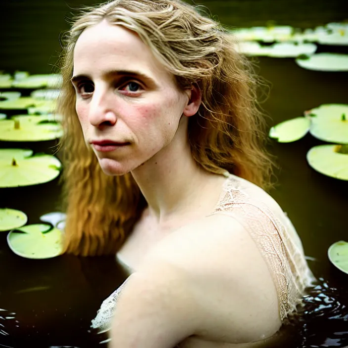 Image similar to Kodak Portra 400, 8K, soft light, volumetric lighting, highly detailed, brit marling style 3/4 ,view from above of close-up portrait photo of a beautiful woman how pre-Raphaelites painter, to float on one's back, part of the face is emerging of a pond with water lilies, she has a beautiful lace dress and hair are intricate with highly detailed realistic beautiful flowers , Realistic, Refined, Highly Detailed, natural outdoor soft pastel lighting colors scheme, outdoor fine art photography, Hyper realistic, photo realistic,warm lighting,