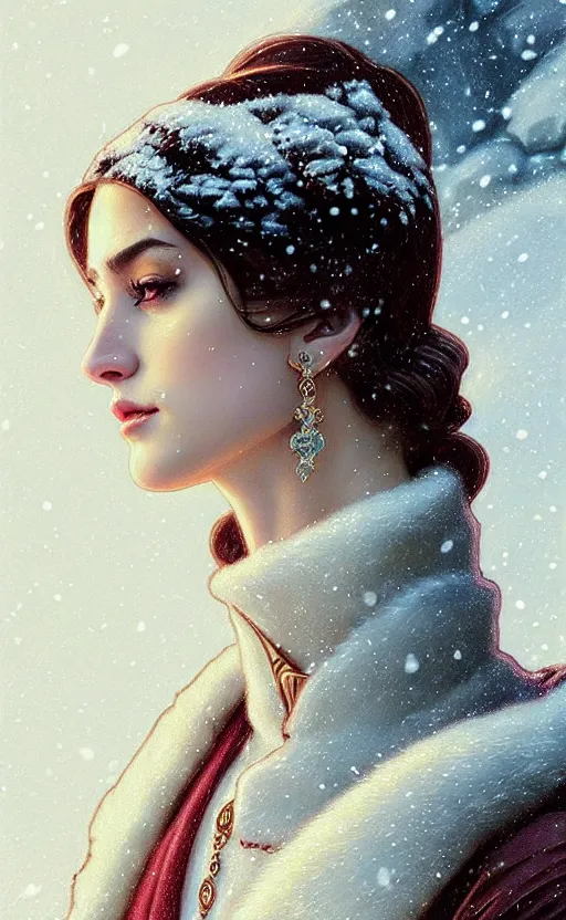 Image similar to rayan gosling, regal, elegant, winter, snow, beautiful, stunning, hd, illustration, epic, d & d, fantasy, intricate, elegant, highly detailed, wide angle, digital painting, artstation, concept art, smooth, sharp focus, illustration, wallpaper, art by artgerm and greg rutkowski and alphonse mucha and jin xiaodi