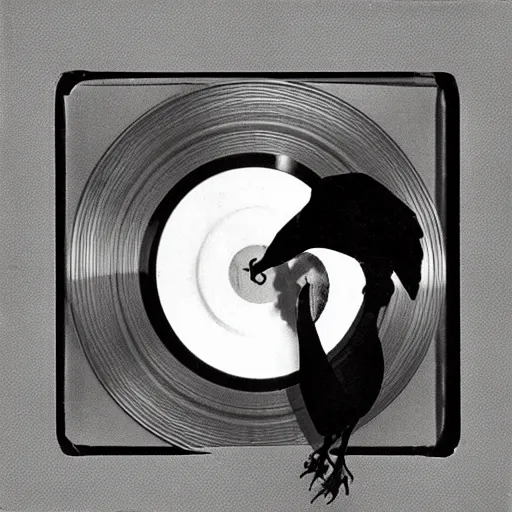 Image similar to close - up, photo of a magpie in a hoodie, holding a vinyl record, 9 0 - s, polaroid photo, by warhol,