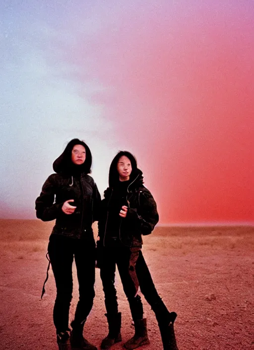 Prompt: cinestill 5 0 d photographic portrait of two loving female androids wearing rugged black techwear on a desolate plain with a red sky, extreme closeup, lizard on ground, cyberpunk style, in front of a brutalist dark metal facility, dust storm, 3 5 mm, high resolution, 8 k, hd, f / 3 2, ultra realistic faces