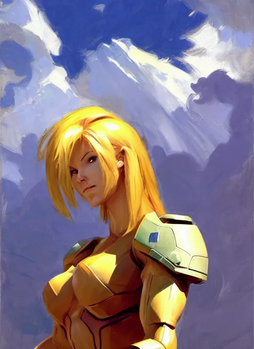 Image similar to Greg Manchess painting of Samus from Metroid Prime, countryside, calm, fantasy character portrait, dynamic pose, above view, sunny day, thunder clouds in the sky, artwork by Jeremy Lipkin and Giuseppe Dangelico Pino and Michael Garmash and Rob Rey, very coherent asymmetrical artwork, sharp edges, perfect face, simple form, 100mm