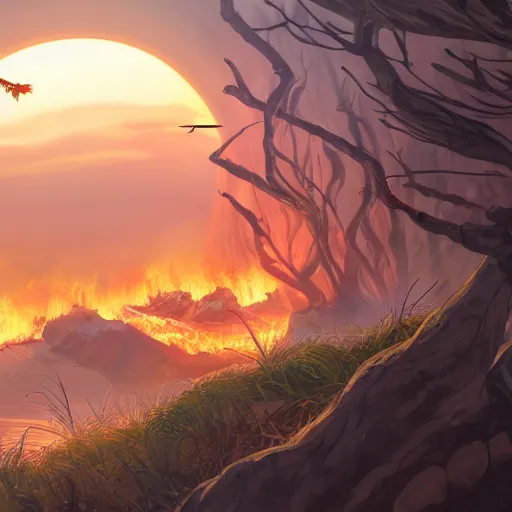 Prompt: When the wind is slow, when the fire's hot The vulture waits to see what rots Oh, how pretty, all the scenery This is nature's sacrifice When the air blows through with a brisk attack The reptile tail ripped from its back When the sun sets We will not forget the red sun over paradise, 4k, artstation