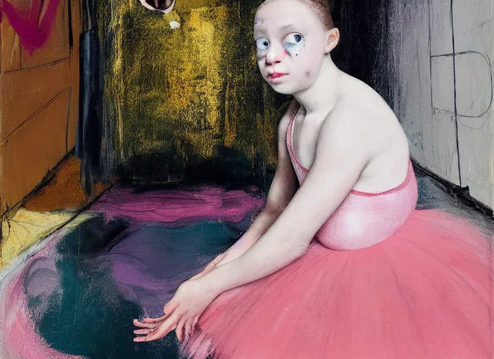 Prompt: portrait of nervous young girl ballerina sitting on the floor focusing in a dance hall by hernan bas and francis bacon and pat steir and hilma af klint, psychological, photorealistic, symmetrical face, dripping paint, washy brush, matte painting, rendered in octane, altermodern, masterpiece