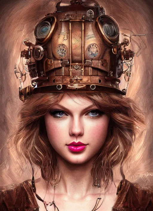 Image similar to steampunk portrait of Taylor Swift, au naturel, hyper detailed, digital art, trending in artstation, cinematic lighting, studio quality, smooth render, unreal engine 5 rendered, octane rendered, art style by klimt and nixeu and ian sprigger and wlop and krenz cushart