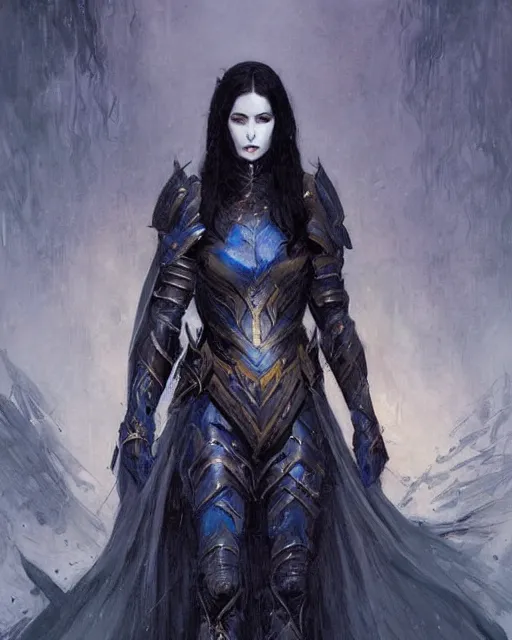 Prompt: a beautiful woman dark hair in an armor with dark eyes, elegant, dark blue, ethereal horror fantasy art by greg rutkowski and magali villeneuve and claude monet detailed