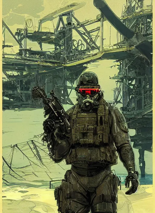 Prompt: Hector. USN blackops operator emerging from water at the shoreline. Operator wearing Futuristic cyberpunk tactical wetsuit and looking at an abandoned shipyard. Frogtrooper. rb6s, MGS, and splinter cell Concept art by James Gurney, Alphonso Mucha. Vivid color scheme.