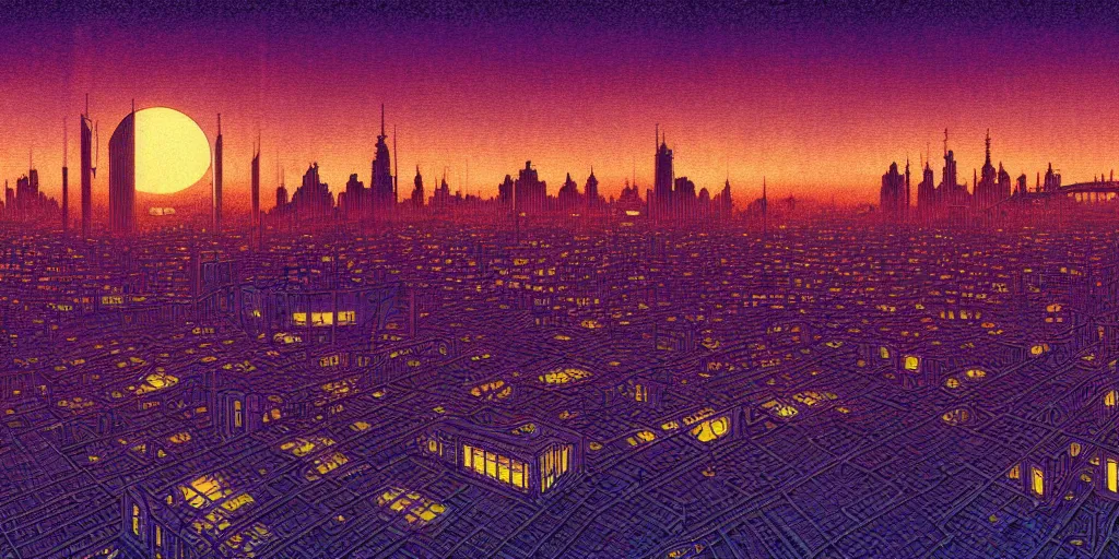 Prompt: A light blue star sinking behind a modern city skyline by Dan Mumford and Dean Ellis and John Atkinson Grimshaw and Anton Fadeev, sunset, purple sky, art nouveau