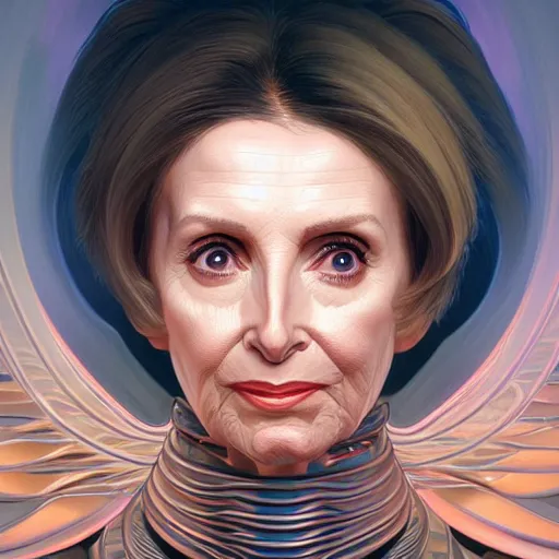 Image similar to Nancy Pelosi cyborg from another dimension, cinematic lighting, intricate, elegant, highly detailed, digital painting, artstation, sharp focus, illustration, art by artgerm and greg rutkowski and alphonse mucha and Wayne Barlowe and william-adolphe bouguereau