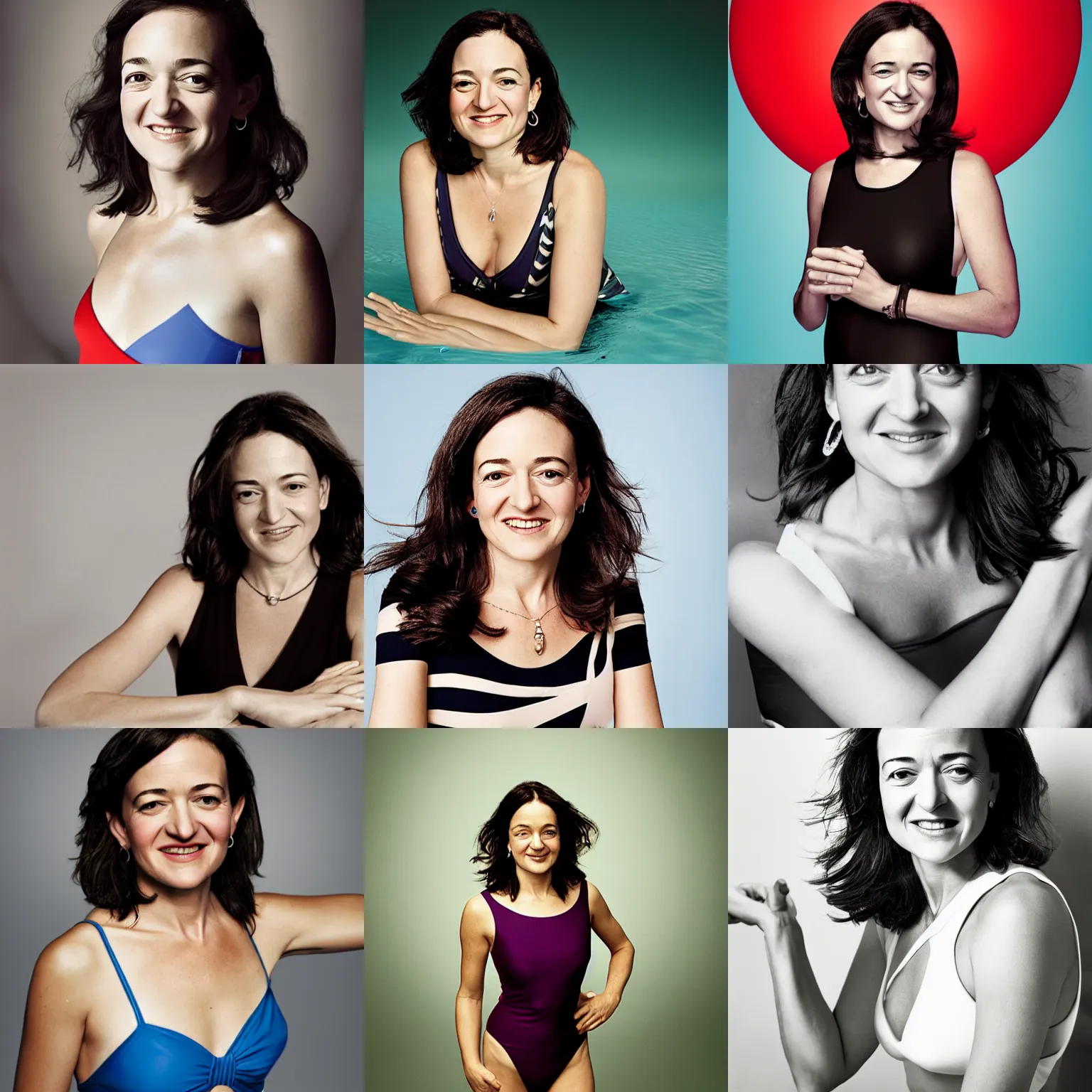 Prompt: Photo of Sheryl Sandberg in swimsuit, soft studio lighting, photo taken by Martin Schoeller for Abercrombie and Fitch, award-winning photo, 24mm f/1.4