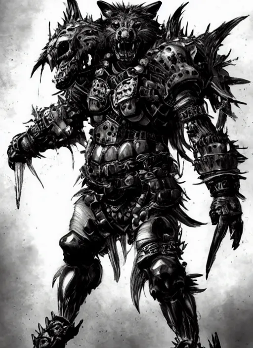 Image similar to Full body portrait of a scary gnoll wolf man. Armour made of human skulls. In style of Yoji Shinkawa and Hyung-tae Kim, trending on ArtStation, dark fantasy, great composition, concept art, highly detailed.