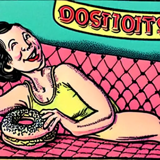 Image similar to a happy robust woman laying on a couch eating donuts, artist robert crumb