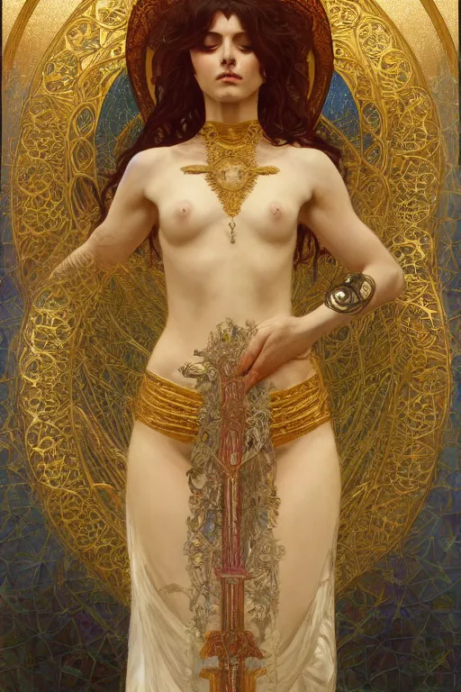 Prompt: a full body portrait of a beautiful ethereal delicate sumerian mage queen meditative sacral pose catholic stages of the cross, intricate, elegant, highly detailed, digital painting, artstation, concept art, smooth, sharp focus, illustration, art by krenz cushart and artem demura and alphonse mucha