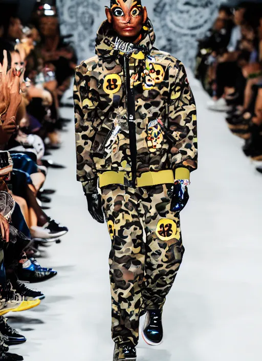Image similar to hyperrealistic and heavy detailed bape avant garde runway show of korbin dallas the fifth element, leica sl 2 5 0 mm, vivid color, high quality, high textured, real life