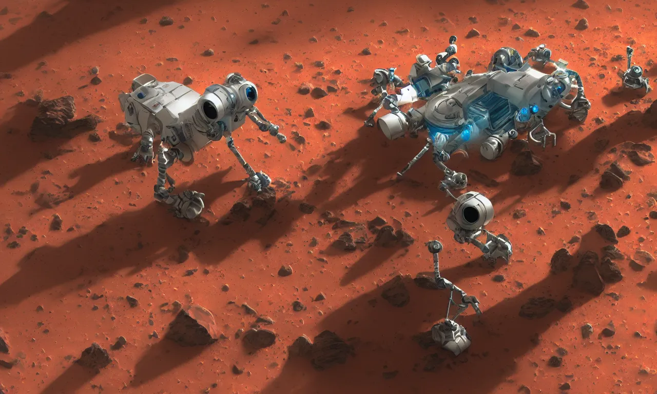 Prompt: cute NASA robots working on the surface of mars, vivid colors, high details, cinematic, 8k resolution, beautiful detailed, photorealistic, digital painting, artstation, concept art, smooth, sharp focus, illustration, fantasy background, artstation trending, octane render, unreal engine