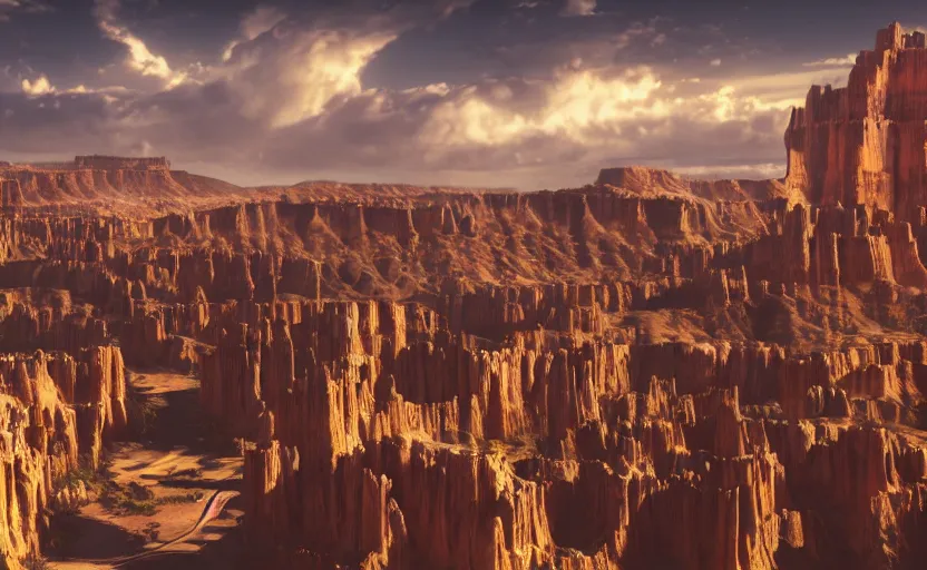 Prompt: a futuristic utopian metropolitan city on an alien planet with many shiny buildings and spires that sits at the edge of a beautiful canyon cliff side like the grand canyon or bryce canyon, sharp details, photorealistic, octane render, golden hour, cinematic lighting, dramatic clouds, immense scale