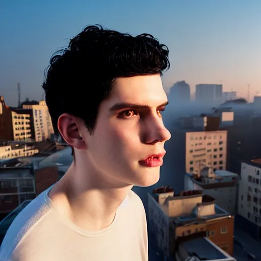 Image similar to un ultra high definition studio quality photograph portrait of a pale young man with black hair standing on the rooftop of an apartment building wearing all eclectic clothes. wide angle. morning. clear. fog. three point light. extremely detailed. golden hour, golden ratio, ray tracing, volumetric light, shallow depth of field.