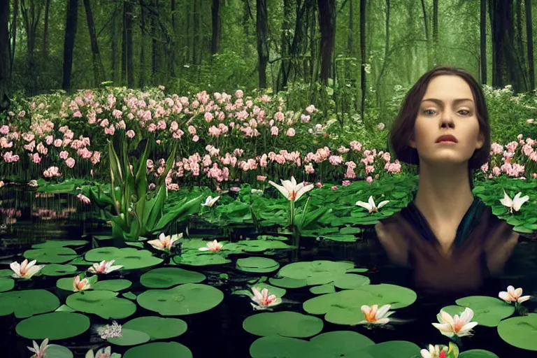 Prompt: hyperrealistic cinematic 3 d close up portrait of a woman's head and shoulders floating in a pond, detailed facial features, surrounded by a forrest of lillies, deep focus, intricate, elegant, by bill henson and gregory crewdson and james jean