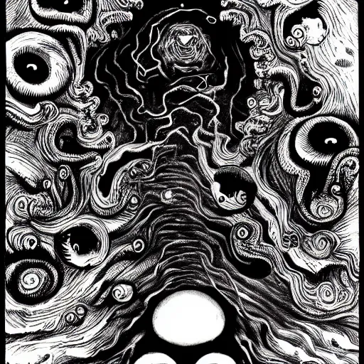 Prompt: stunning masterpiece of an incomprehensible celestial by Junji Ito, Lovecraftian, black and white, high resolution, Highly Detailed
