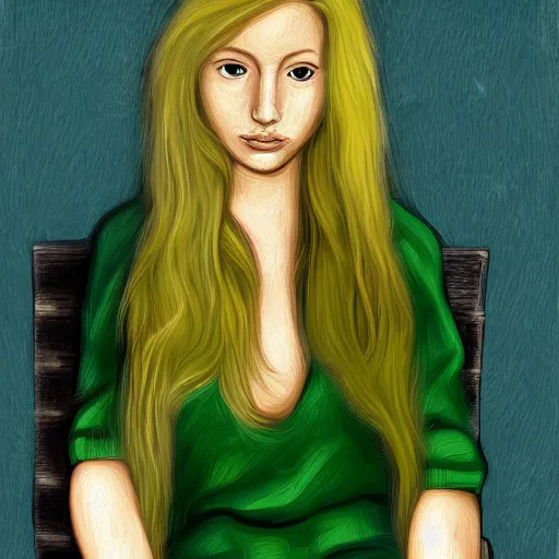 Prompt: portrait digital painting of a young woman with long blond hair sitting on a green bench with her head in her hands, digital art, deviant art