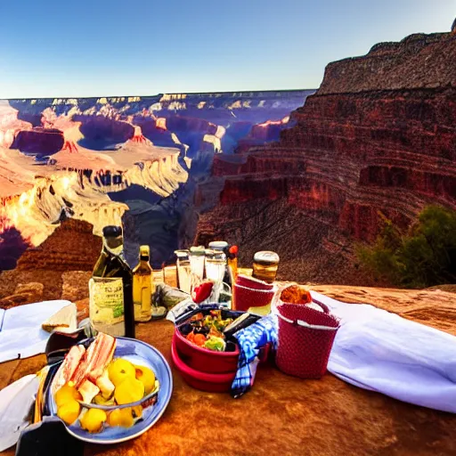 Prompt: a picnic at the bottom of the grand canyon, golden hour