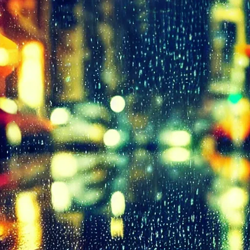 Image similar to zoomed in iphone photo rainy night in the city, reflections, astronaut