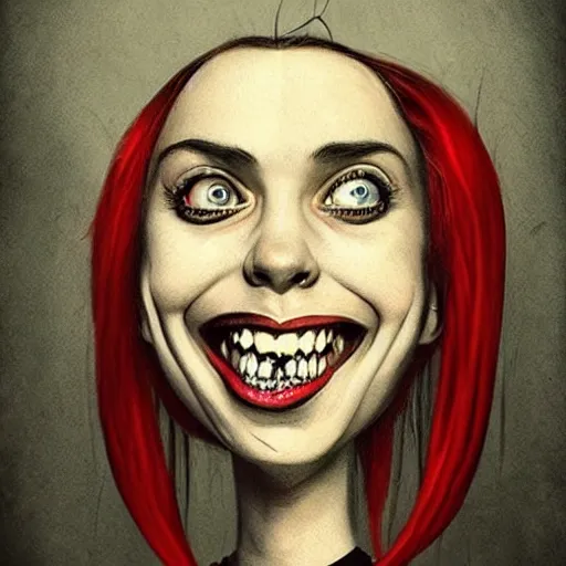 Image similar to surrealism grunge cartoon portrait sketch of billie eilish with a wide smile and a red balloon by - michael karcz, loony toons style, mad max style, horror theme, detailed, elegant, intricate