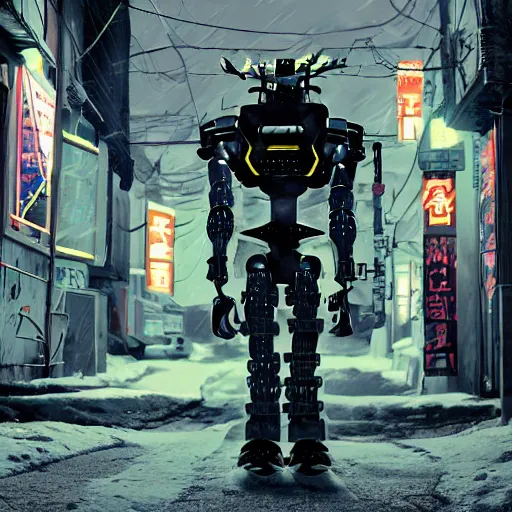 Prompt: a samurai robot with neon kanji tattoos and wheel legs gripping a perfectly detailed full-length katana in their hand with a badass pose , cel animation , Snowy Grungy neon cyberpunk alleyways in the background Badass pose , Photo realistic , Gregory Crewdson , Award winning. Masterpiece, exquisite detail, post processing