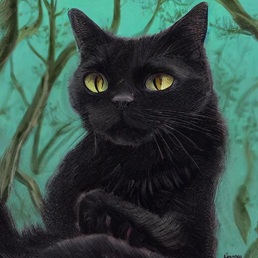 Image similar to a black cat looking curiously, there is a forest in the background, texture, intricate, details, highly detailed, masterpiece, architecture, building, trending on artstation, focus, sharp focus, concept art, digital painting, fantasy, sunny, day, midday