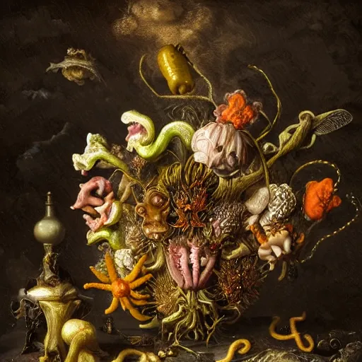 Image similar to disgusting disturbing dutch golden age bizarre mutant flower floral still life with many human toes realistic human toes teeth drool tongue blossoming everywhere insects very detailed fungus tumor disturbing tendrils bizarre slimy forms sprouting up everywhere by rachel ruysch christian rex van minnen black background chiaroscuro dramatic lighting perfect composition high definition 8 k 1 0 8 0 p