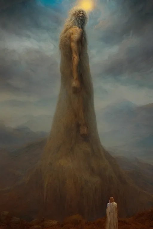 Image similar to a tall mythical humanoid monster looming over a tiny human in an epic landscape, ethereal fantasy, blooodborne, artstation, agostino arrivabene, james gurney