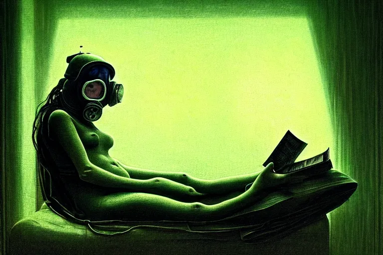 Image similar to girl with wearing a gas mask lying on the sofa reading a book in her room, in the style of beksinski, futuristic, naturecore, atmospheric, intricate and epic composition, green by caravaggio, insanely quality, highly detailed, masterpiece, white light, artstation, 4 k