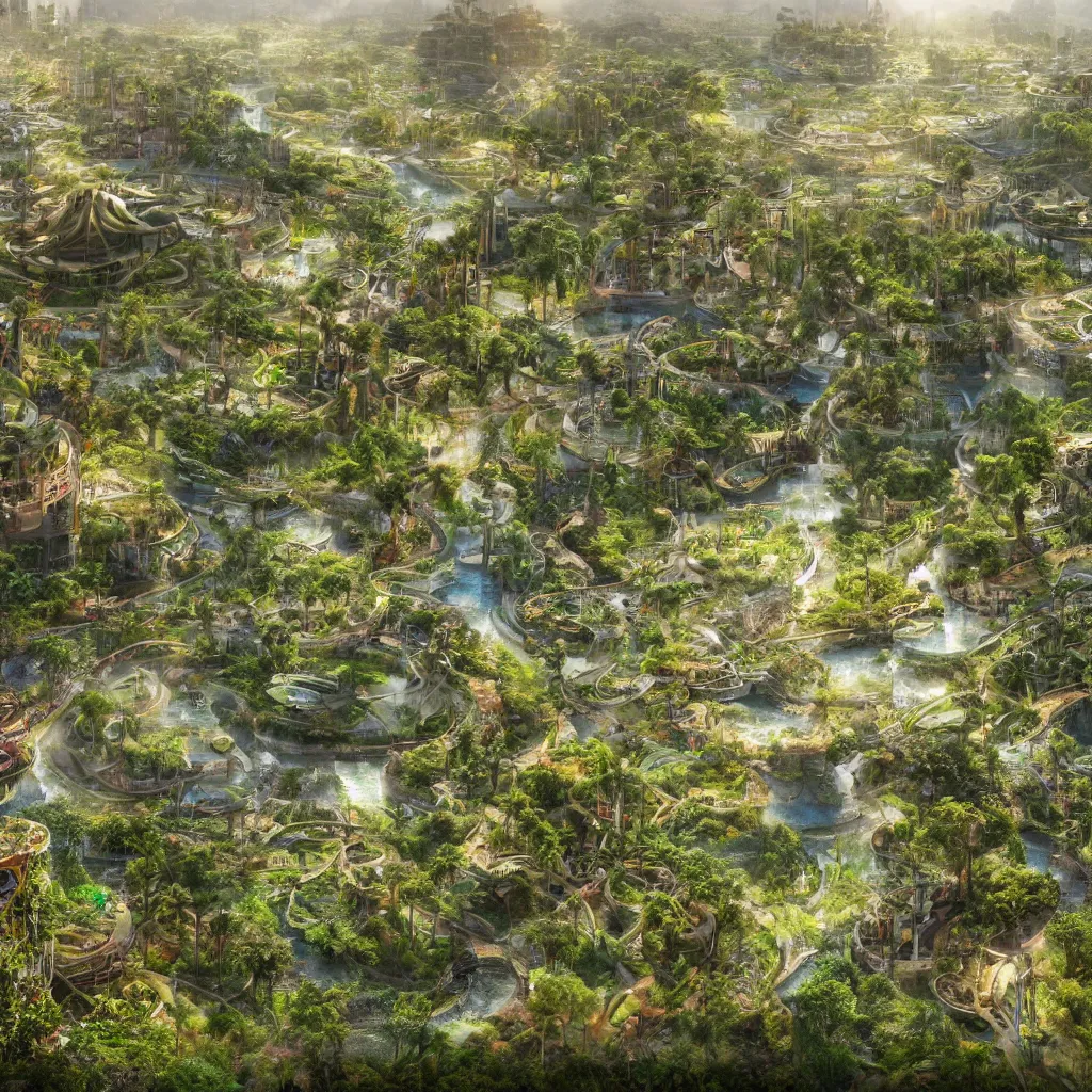 Image similar to solarpunk eco - city utopia, enchanted world, ancient nile winding river valley deep valley taken from 3 0 metres high, otherworldly, botanical garden, waterscape, overgrowing floral lush, glistening in the morning light, 8 k, cinematic shot, weta workshop, hyper realistic, cinematography by john boorman