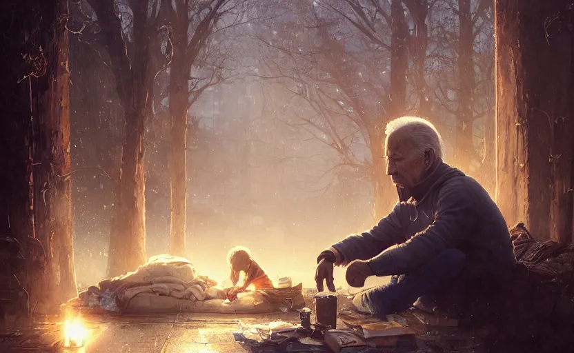 Prompt: highly detailed portrait of joe biden as a homeless, talking to his reflection, stephen bliss, unreal engine, fantasy art by greg rutkowski, loish, rhads, ferdinand knab, makoto shinkai and lois van baarle, ilya kuvshinov, rossdraws, tom bagshaw, global illumination, radiant light, detailed and intricate environment