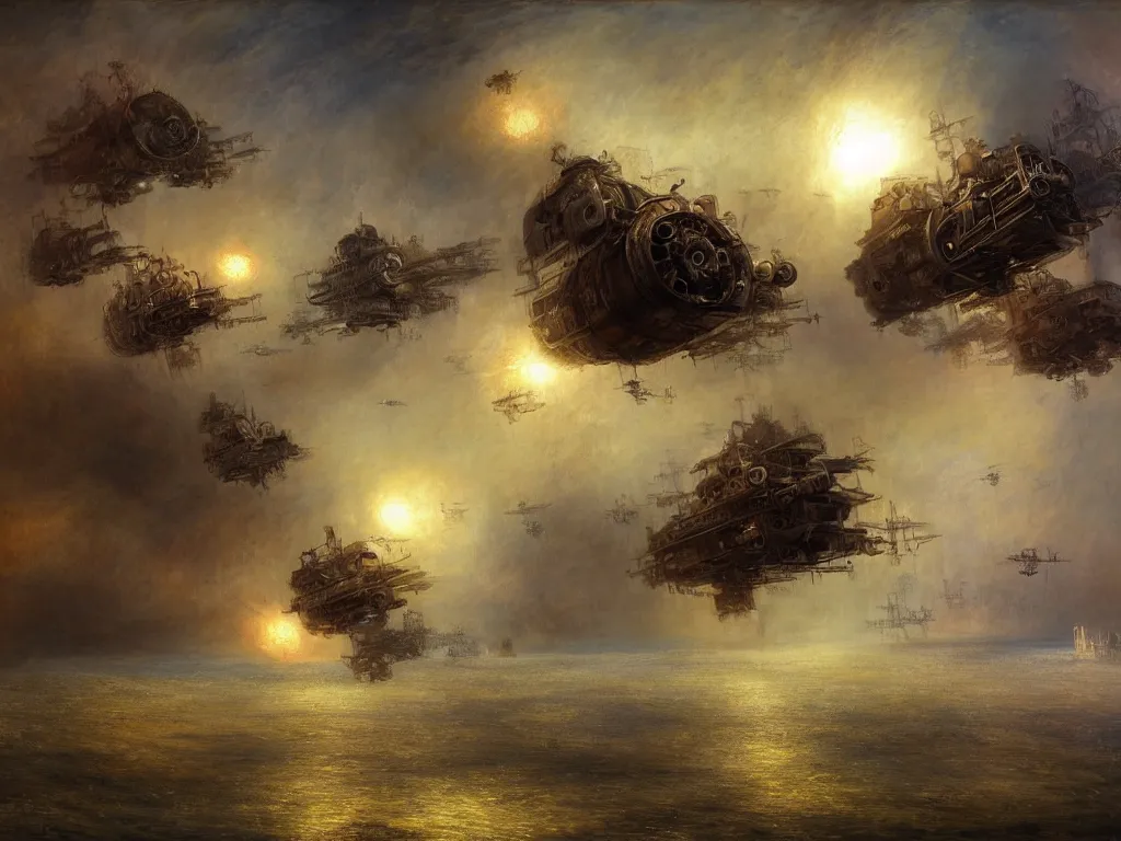 Prompt: Steampunk Mech Robot Airships Fleet in a epic battle. By Joseph Mallord William Turner, fractal flame, highly detailded