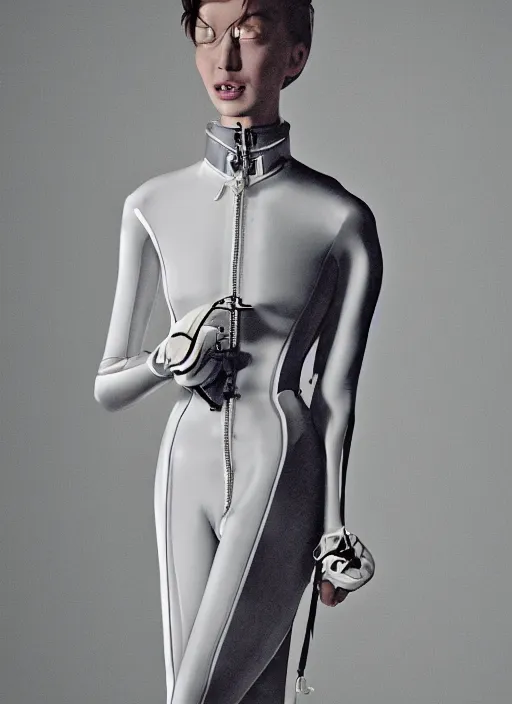 Image similar to a digital portrait of a beautiful model girl detailed features wearing a pilot latex suit wedding dress - chic trend. lots of zippers, pockets, synthetic materials, jumpsuits. by balenciaga and issey miyake by ichiro tanida and mitsuo katsui