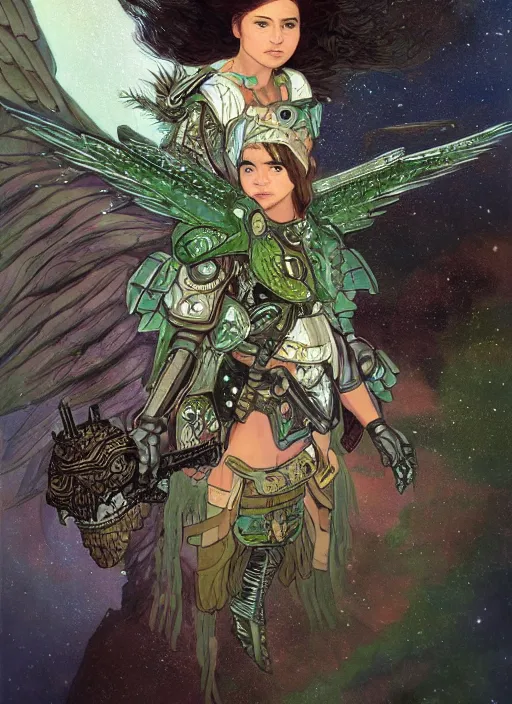 Image similar to portrait of a little cyborg warrior girl character sitting on top of a giant armored dinosaur bird with huge wings flying in space, epic character with dark skin and beautiful green eyes. the girl has a very beautiful detailed symmetrical face, long black hair. diffuse night light, dramatic landscape, fantasy illustration, matte painting by mucha