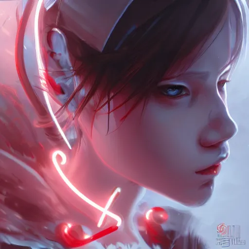 Prompt: rey ayanami, red and white neon, concept art, intricate details, highly professionally detailed, cgsociety, highly detailed -